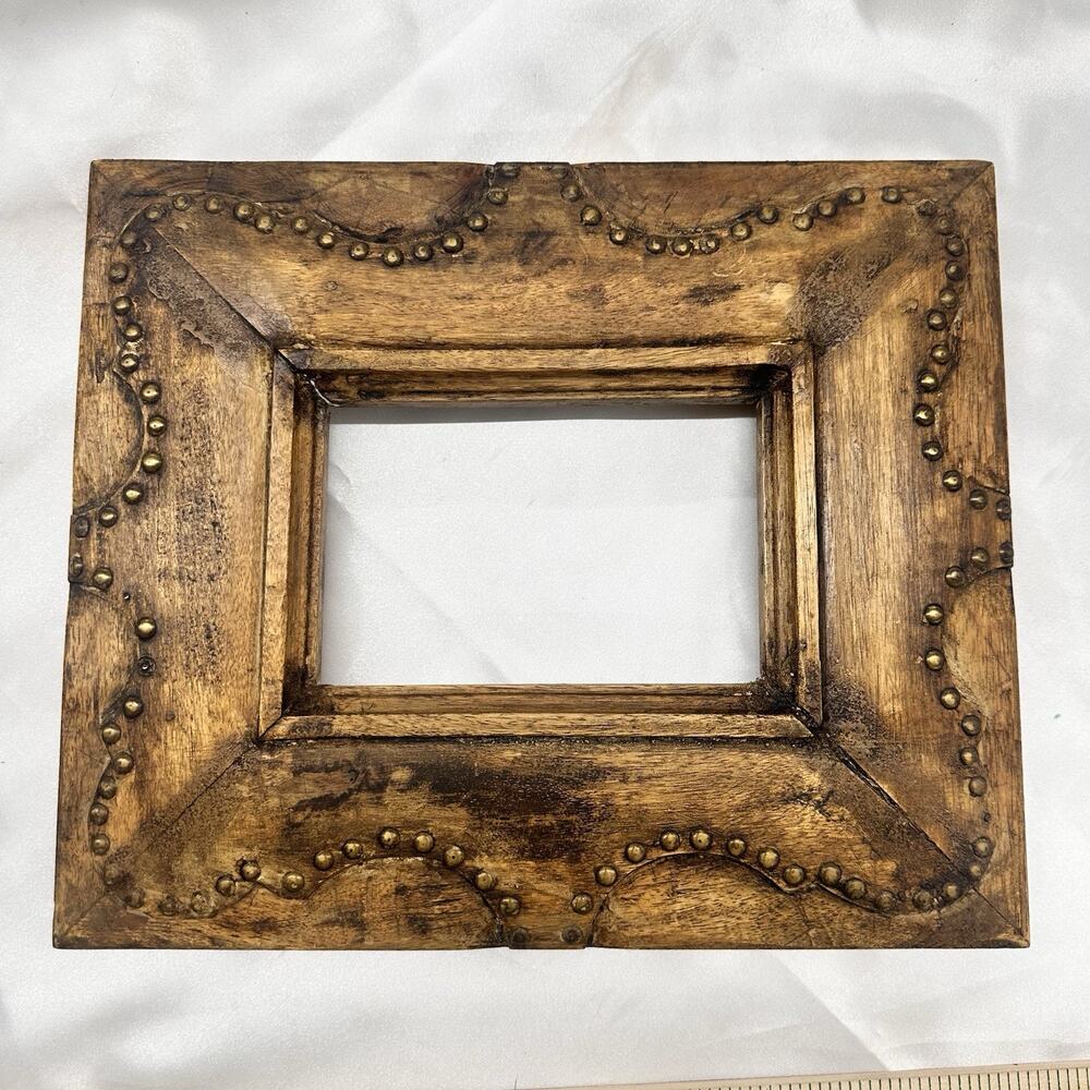 VTG Tramp Art Style Primitive Wood Frame Handmade Rustic Farmhouse Studs 12”x10”